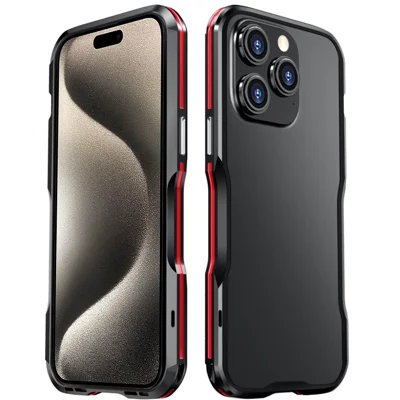 LUPHIE Anti-drop Bumper Case para iPhone 15 Pro Max, Cubierta de Teléfono Móvil con Marco Metálico y Tornillo de Bloqueo - Negro / Rojo
