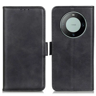 For Huawei Mate 60 Cowhide Texture Phone Case PU Leather Wallet Stand Anti-scratch Shell - Black
