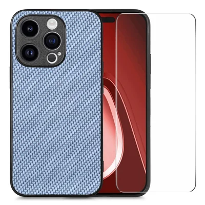 ENKAY HAT PRINCE For iPhone 14 Pro Max Leather+PC Case Carbon Fiber Phone Cover with High Aluminium-silicon Glass Film - Blue