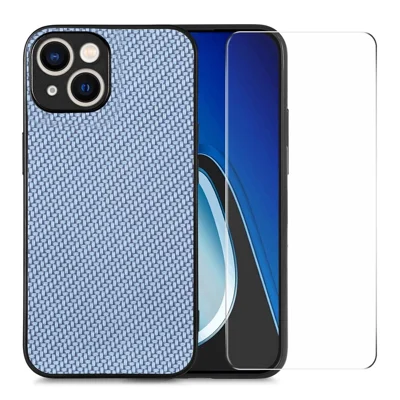 ENKAY HAT PRINCE Phone Cover for iPhone 14 Plus Carbon Fiber Leather+PC Case with High Aluminium-silicon Glass Film - Blue