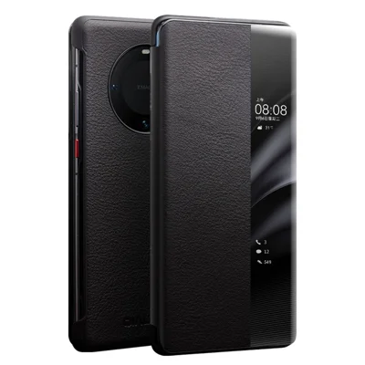 QIALINO For Huawei Mate 60 Pro / 60 Pro+ Case Genuine Cow Leather Auto Wake / Sleep Phone Cover - Black