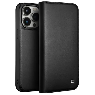 QIALINO Para iPhone 15 Pro Max Funda Tipo Cartera Plegable de Cuero Vacuno Genuino con Soporte para Teléfono - Negro
