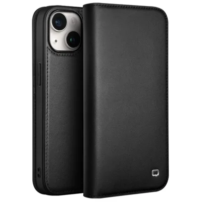 QIALINO For iPhone 15 Plus Wallet Case Stand Genuine Cow Leather Flip Phone Cover - Black
