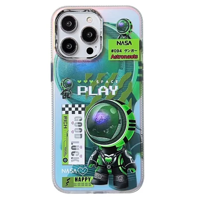 For iPhone 15 Pro Case PC + TPU Cover Shell Fluorescence Laser Astronaut Pattern Mobile Phone Cover - PLAY