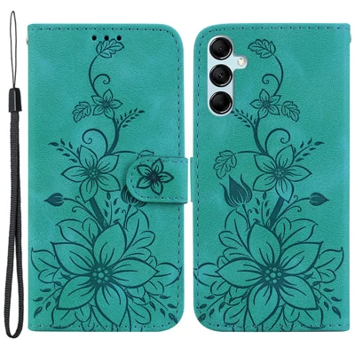 For Samsung Galaxy M34 5G / F34 5G Leather Wallet Case Stand Imprinted Lily Flower Phone Cover - Green