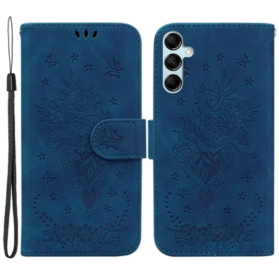 For Samsung Galaxy M34 5G / F34 5G Rose Butterfly Imprint Phone Case Leather Wallet Stand Cover - Blue