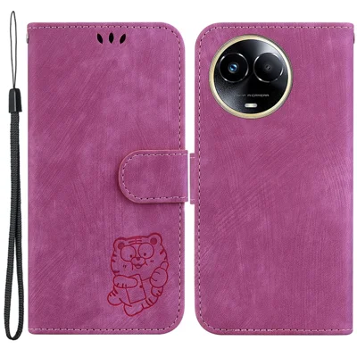 Cute Tiger Imprint Phone Case for Realme 11x 5G / 11 5G (Global) , Wallet Stand Anti-drop Leather Cover - Rose