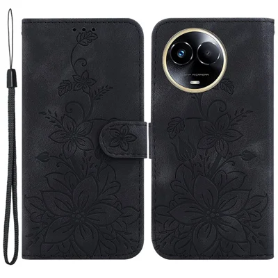 For Realme 11x 5G / 11 5G (Global) Wallet Case Imprinted Lily Flower PU Leather Phone Stand Cover - Black