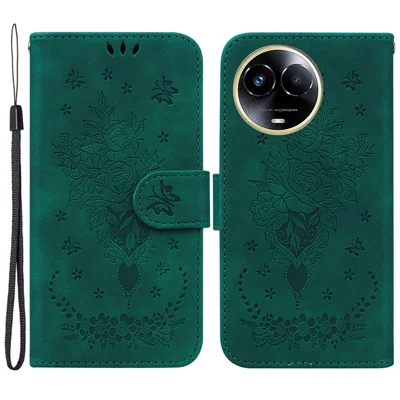 For Realme 11x 5G / 11 5G (Global) Leather Wallet Phone Case Rose Butterfly Imprinted Flip Stand Cover - Green