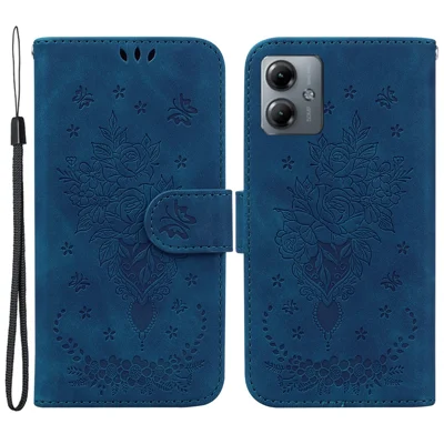 For Motorola Moto G14 4G PU Leather Wallet Phone Case Rose Butterfly Imprinted Stand Cover - Blue