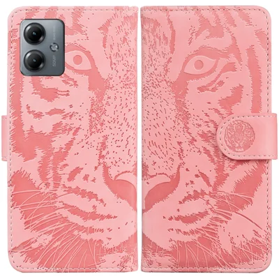 For Motorola Moto G14 4G PU Leather Phone Case Tiger Imprinted Wallet Stand Anti-fall Cover - Pink