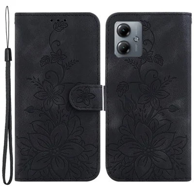 For Motorola Moto G14 4G Lily Flower Imprint Cover PU Leather Wallet Stand Drop-proof Case - Black