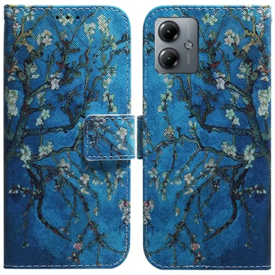For Motorola Moto G14 4G Pattern Printing Leather Cover Stand Wallet Phone Case - Apricot Flowers