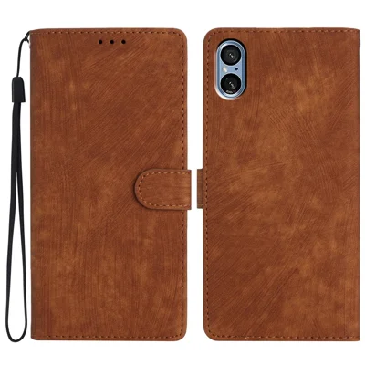 For Sony Xperia 5 V Case Solid Color Skin-touch Leather Cover Phone Stand Shell - Brown