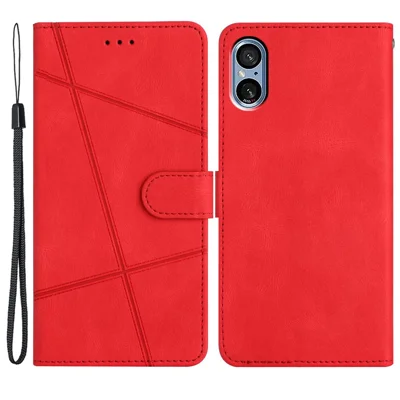 For Sony Xperia 5 V Stand Wallet Phone Case Crazy Horse Texture Leather Cover with Imprinted Lines - Red