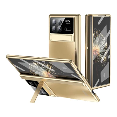 For Xiaomi Mix Fold 3 5G Case Kickstand PC Electroplating Phone Cover with Screen Film + Lens Film - Gold