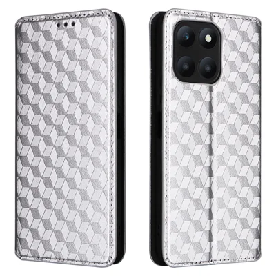 For Honor X6a 4G Slim-Fit PU Leather Stand Cover Rhombus Imprinted Wallet Phone Case Shell - Silver