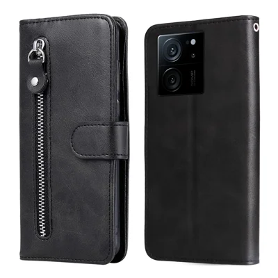 For Xiaomi Redmi K60 Ultra / 13T / 13T Pro Case Shockproof Shell Zipper Pocket Wallet Stand Phone Cover - Black