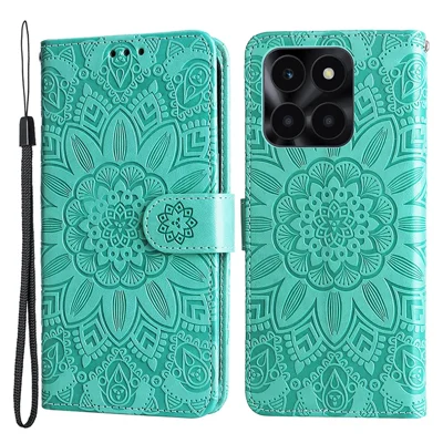 For Honor X6a 4G Case PU Leather Sunflower Imprinted Phone Cover Wallet Stand Shell - Green