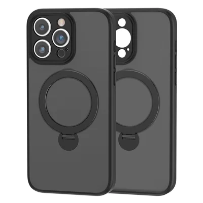 غطاء هاتف لجهاز iPhone 15 Pro من مادة TPU ومرن مع دعامة قابلة للطي وحماية من السقوط - أسود شفاف