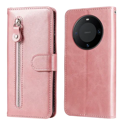 For Huawei Mate 60 Pro Case Shockproof Calf Texture Zipper Wallet Stand Smartphone Cover - Pink