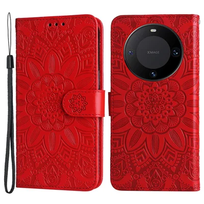 For Huawei Mate 60 Pro Case Wallet Stand Shell PU Leather Sunflower Imprinted Phone Cover - Red