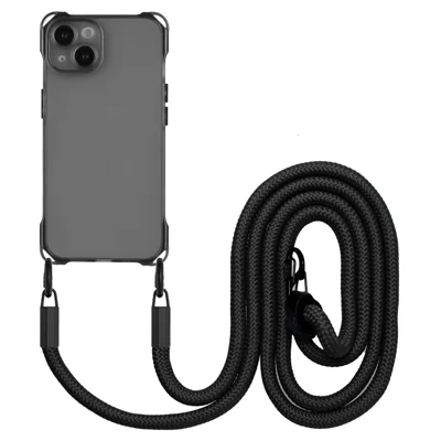 For iPhone 14 Plus Case Shockproof TPU Cell Phone Cover Shell with Hanging Rope - Black