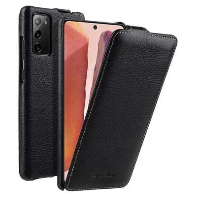 MELKCO Para Samsung Galaxy Note20 / Note20 5G Capa de Couro Genuíno de Vaca + PC Vertical Flip Case - Preto