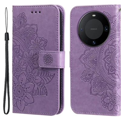 For Huawei Mate 60 Case Floral Pattern PU Leather Wallet Stand Phone Cover - Purple