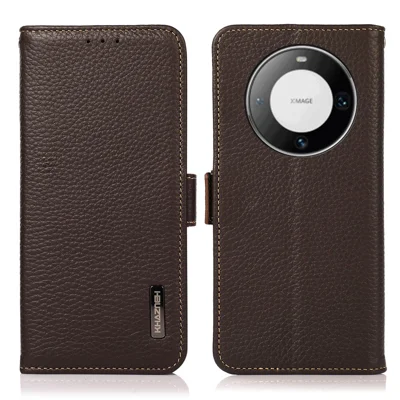 KHAZNEH For Huawei Mate 60 Case Wallet Stand RFID Blocking Genuine Cow Leather Phone Shell - Brown
