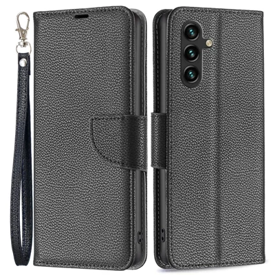 For Samsung Galaxy A15 4G Wallet Case with Wrist Strap Litchi Texture Leather Phone Stand Cover - Black