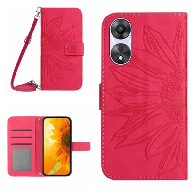 HT04 For Oppo A18 4G / A38 4G Case Sunflower Imprint Leather Wallet Phone Cover with Long Strap - Rose