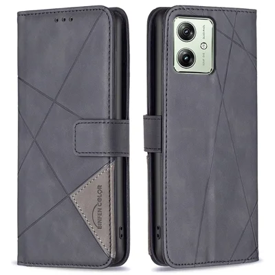 BINFEN COLOR pour Motorola Moto G54 5G étuis portefeuille support géométrie empreinte cuir - Noir