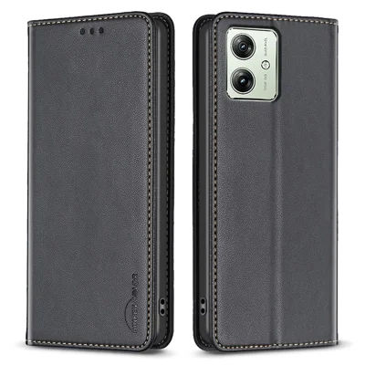 BINFEN COLOR BF18 For Motorola Moto G54 5G Leather Cover Card Holder Stand Phone Case - Black