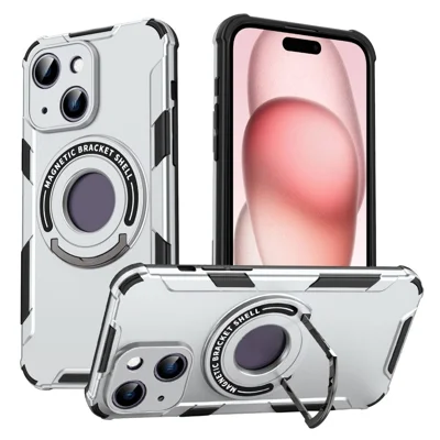 For iPhone 15 Case PC+TPU Slim Kickstand Phone Cover Compatible with MagSafe - Silver