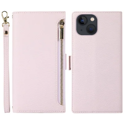Para iPhone 15 Case Litchi Texture PU Leather Zipper Pocket Cell Phone Cover with Strap - Light Purple