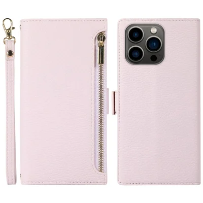 For iPhone 15 Pro Max Case Litchi Texture Zipper Pocket Leather Cover with Strap - Light Purple