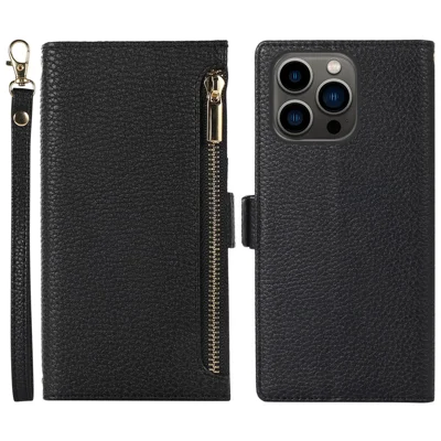For iPhone 15 Pro Case Litchi Texture Zipper Pocket Anti-drop Leather Cover with Strap - Black