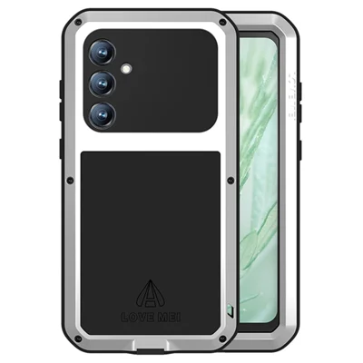 LOVE MEI Para Samsung Galaxy S23 FE Funda Protectora de Metal + Silicona con Película de Vidrio Templado - Plata