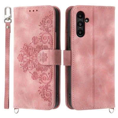 For Samsung Galaxy A15 4G Case Skin-touch Leather Phone Cover with Hand Strap + Shoulder Strap - Pink