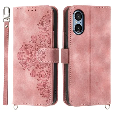 Para Sony Xperia 5 V Funda Impresa Anti-caída Funda de Teléfono de Cuero con Correa de Mano + Correa de Hombro - Rosa