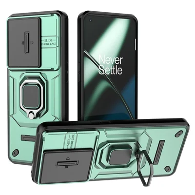 For OnePlus 11 5G Case Slide Lens Shield Ring Kickstand PC+TPU Phone Cover - Green