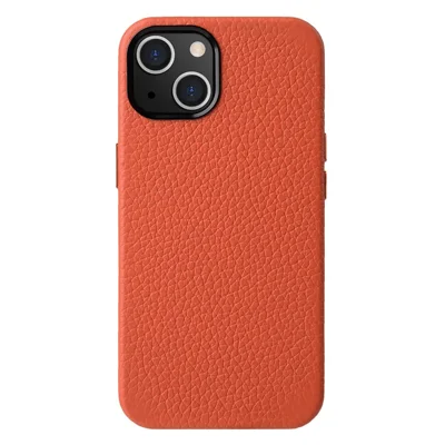 MELKCO For iPhone 14 Case Magnetic Back Shell Genuine Cow Leather+PC Phone Cover - Orange