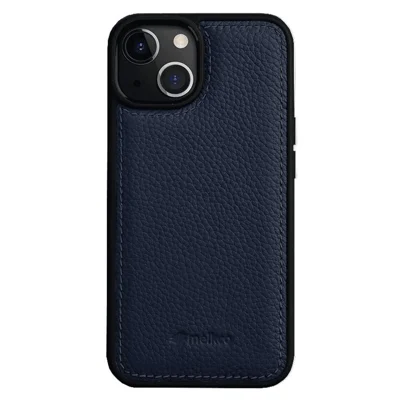 MELKCO Para iPhone 15 Case Genuine Couro de Vaca+PC Bump Proof Phone Cover - Azul Escuro