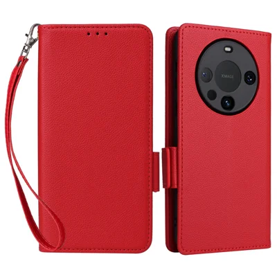 Custodia per Huawei Mate 60, Texture Litchi Portafoglio in Pelle con Supporto e Cinturino - Rosso