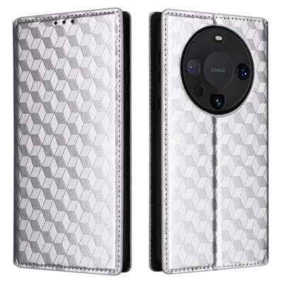 Für Huawei Mate 60 Hülle Rhombus bedruckter PU-Leder-Wallet-Telefonständer - Silber