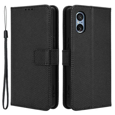 For Sony Xperia 5 V Case Diamond Texture PU Leather Stand Wallet Cell Phone Cover - Black