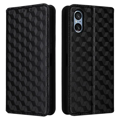 Para Sony Xperia 5 V Cubierta Rombo Estampado Funda de Cuero PU con Soporte y Billetera para Teléfono - Negro