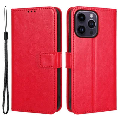 For iPhone 15 Pro Case Crazy Horse Texture PU Leather Wallet Protective Phone Cover - Red