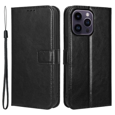 Für iPhone 15 Pro Max Hülle Crazy Horse Textur Leder Stand Anti-Fall Handyhülle - Schwarz